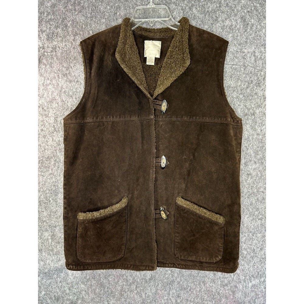 J.jill Leather Vest Sherpa Lined Button Front Pockets Brown Size Medium